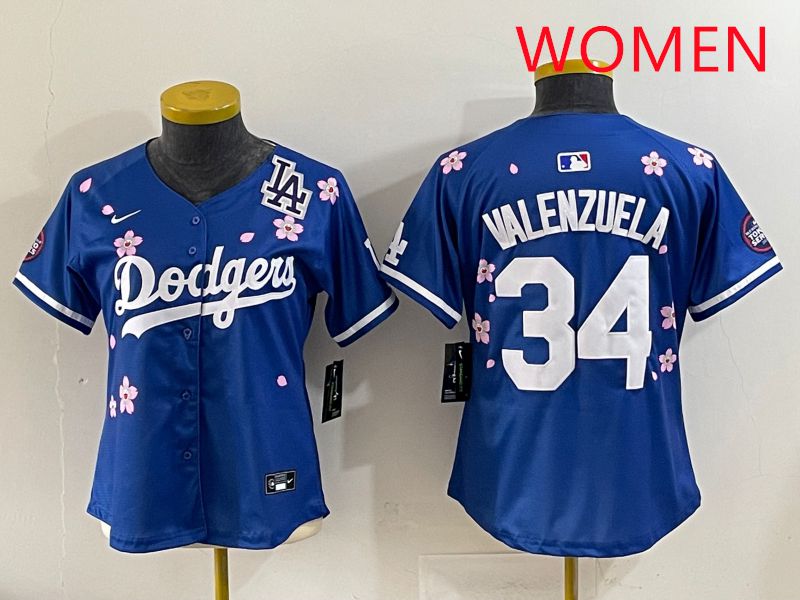 Women Los Angeles Dodgers #34 Valenzuela Blue Sakura Edition 2025 Nike MLB Jersey style 39